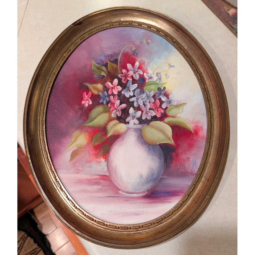 Vintage Still Life Floral Hand Painted Painting In Oval Frame 15.75" X 12.5"